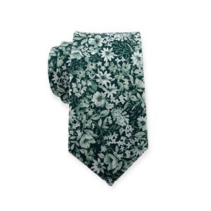 Men’s Pine Green Floral Print Necktie, Slim 2.75” Width Wedding Party Tie